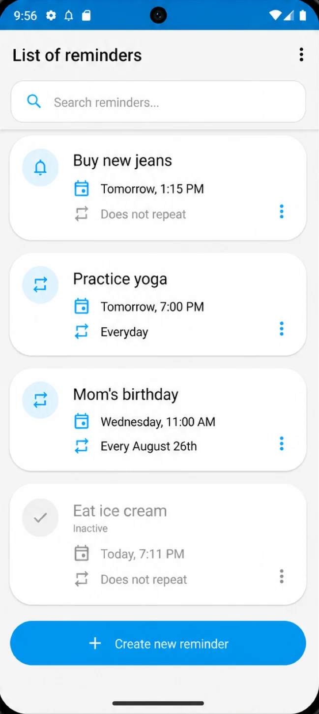 Simplest Reminder list with one-time, daily and yearly reminders