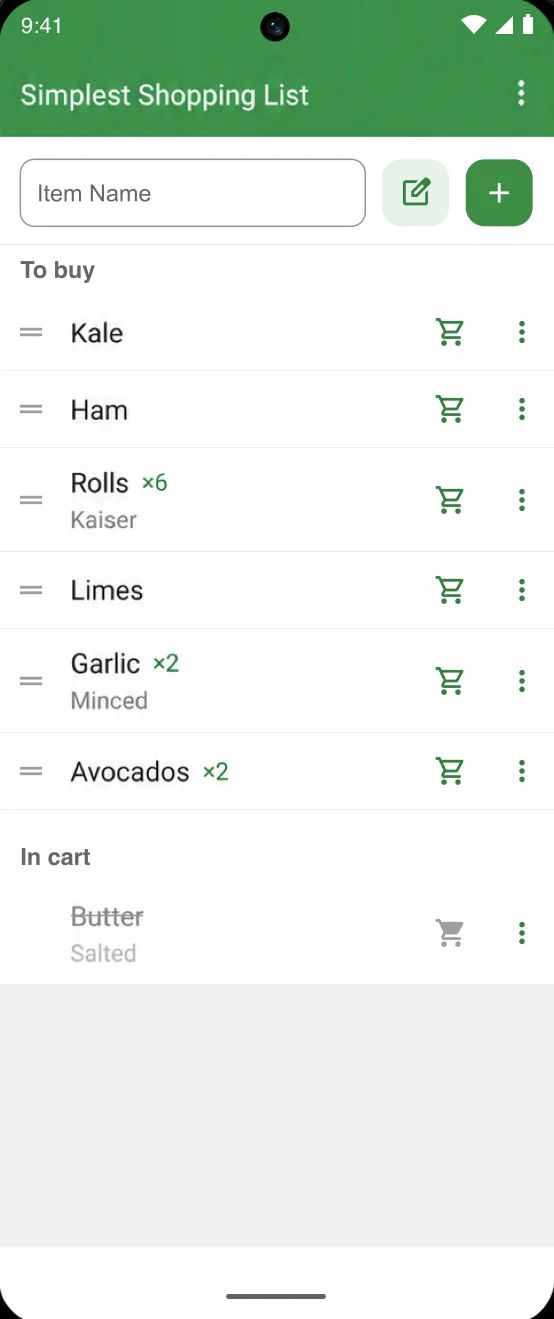 Simplest Shopping List showing groceries with quantities and notes, separated into To buy and In cart